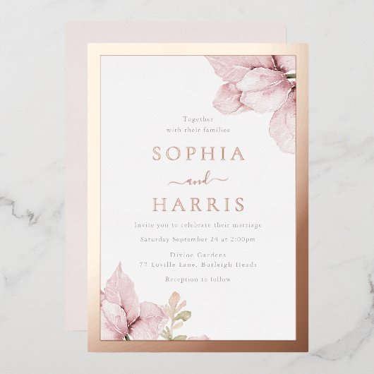 Rose Gold Foil Border Blush Bloral Wedding Folieneinladung (Vorderseite/Rückseite)