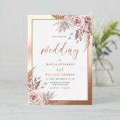 Rose Gold Foil Border Blush Dusty Rose Hochzeit Folieneinladung (Stehend vorne)