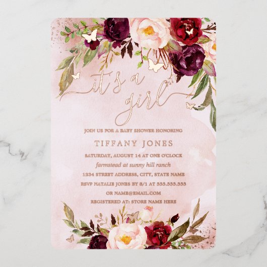 ROSE GOLD FOIL Burgundy Blush Floral Baby Dusche Folieneinladung (Vorderseite)