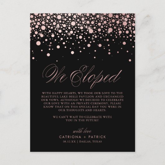 Rose Gold Foil Confetti Black Wedding Ankündigungspostkarte (Vorderseite)