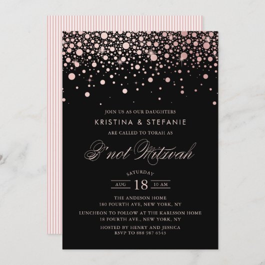 Rose Gold Foil Confetti Dots Black B'not Mitzvah Einladung (Vorne/Hinten)