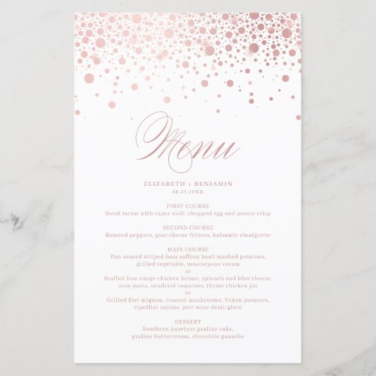 Rose Gold Foil Confetti Dots Wedding Menu Card (Vorderseite)