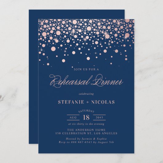 Rose Gold Foil Confetti Navy Blue Probe Abendessen Einladung (Vorne/Hinten)