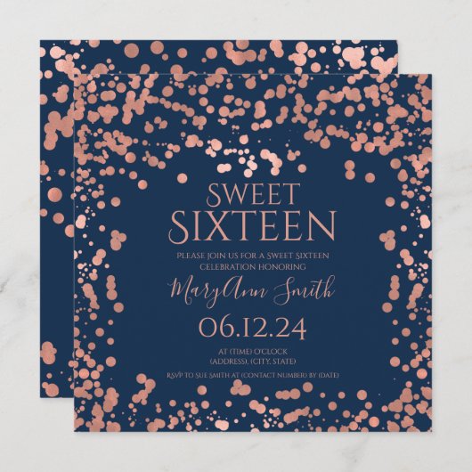 Rose Gold Foil Confetti Sweet 16. Invite Navy  Dankeskarte (Vorne/Hinten)