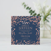 Rose Gold Foil Confetti Sweet 16. Invite Navy Dankeskarte (Stehend Vorderseite)
