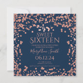 Rose Gold Foil Confetti Sweet 16. Invite Navy  Dankeskarte (Vorderseite)