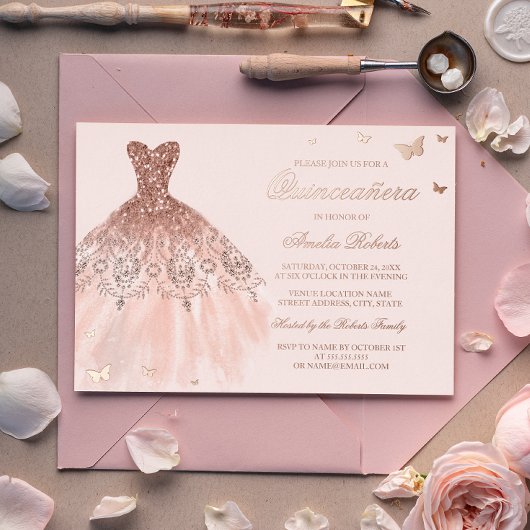 ROSE GOLD FOIL Dress Butterfly Quinceanera Folieneinladung