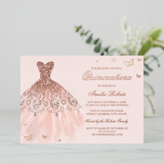 ROSE GOLD FOIL Dress Butterfly Quinceanera Folieneinladung (Stehend vorne)