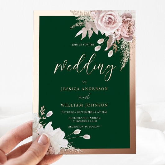 Rose Gold Foil Emerald & Blush Floral Wedding Folieneinladung