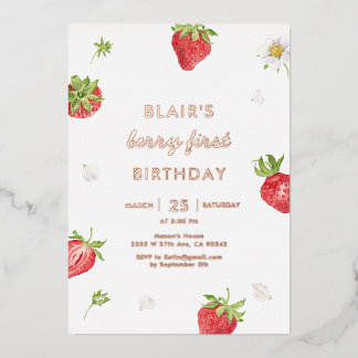 Rose Gold Foil Erdbeere Berry Erster Geburtstag Folieneinladung