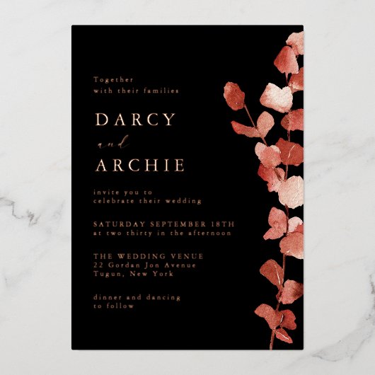 Rose Gold Foil Eukalyptus Wedding Folieneinladung (Vorderseite)