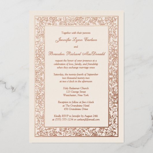 Rose Gold Foil Floral Filigree Hochzeit Einladung (Vorderseite)