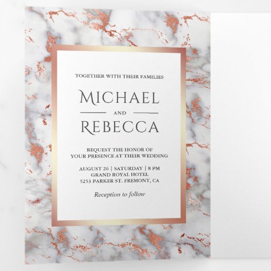 Rose Gold Foil Foto Hochzeit aus weißem Marmor Dreifach Gefaltete Einladung (Innen Erste Seite)
