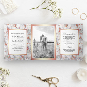 Rose Gold Foil Foto Hochzeit aus weißem Marmor Dreifach Gefaltete Einladung