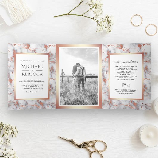 Rose Gold Foil Foto Hochzeit aus weißem Marmor Dreifach Gefaltete Einladung