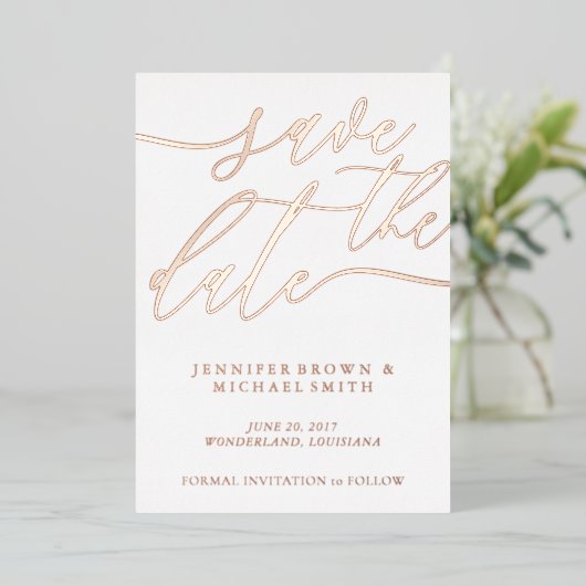 Rose Gold Foil Foto Hochzeit speichern Sie das Dat Folieneinladung (Stehend vorne)