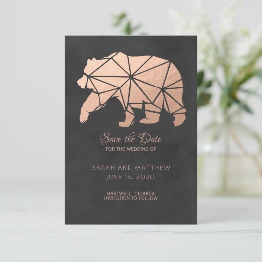 Rose Gold Foil Geo Bear Hochzeit speichern Sie das Save The Date (Stehend Vorderseite)