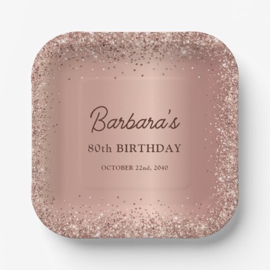 Rose Gold Foil Glitter 80th Birthday Name Pappteller (Vorderseite)