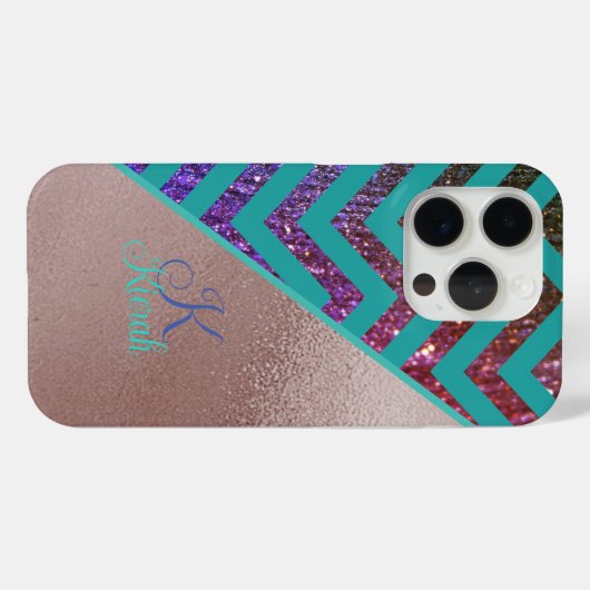 Rose Gold Foil Glittery Zickzack TealTürkis Name Case-Mate iPhone Hülle (Rückseite (Horizontal))