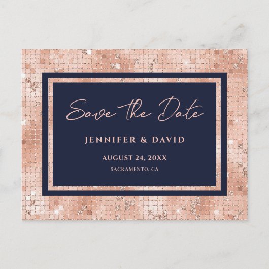 Rose Gold Foil Glitzer Hochzeit speichern das Datu Ankündigungspostkarte (Vorderseite)