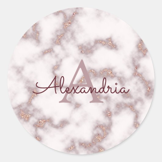 Rose Gold Foil Glitzer Rosa Marmorname Monogramm Runder Aufkleber (Vorderseite)