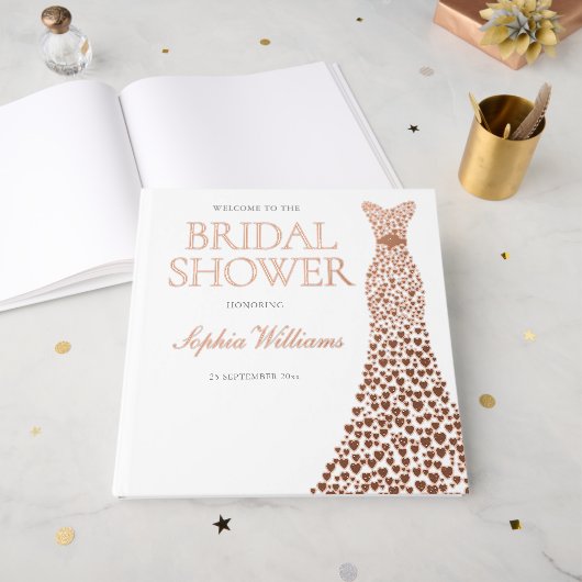 Rose Gold Foil Heart Dress Brautparty Gästebuch (Vorderseite Offen)