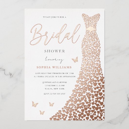 Rose Gold Foil Herzkleid Schmetterling Brautparty Folieneinladung (Vorderseite)