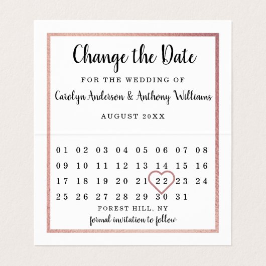 Rose Gold Foil Kalender ändern Datum Karte (Innenseite Aufgefaltet)