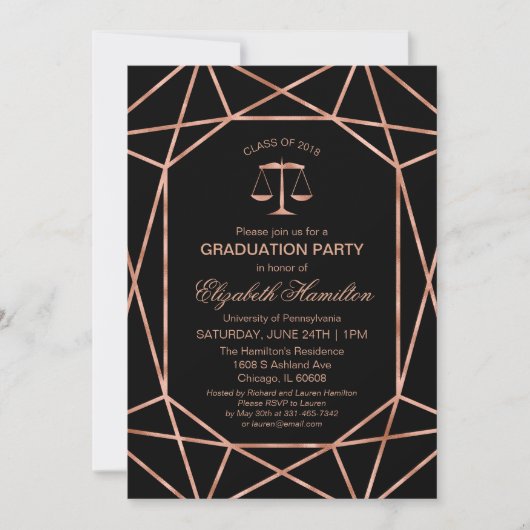 Rose Gold Foil Law School Graduation Party Einladung (Vorderseite)