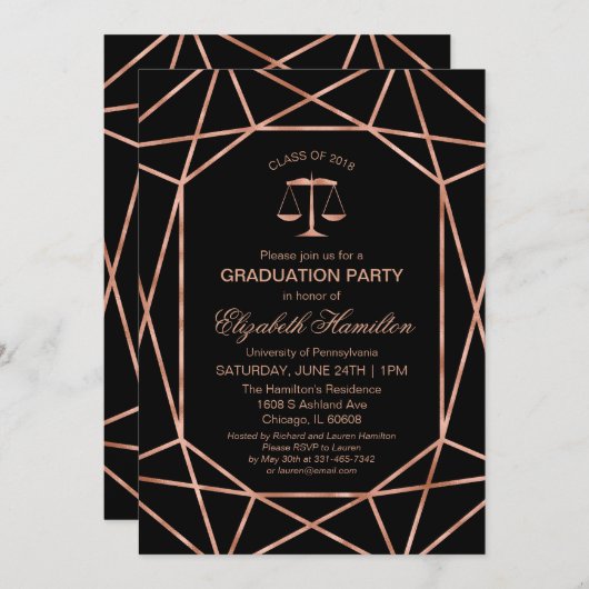 Rose Gold Foil Law School Graduation Party Einladung (Vorne/Hinten)