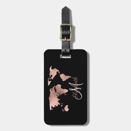 Rose Gold Foil Metallic World Map Luggage Monogram Gepäckanhänger (Vorderseite vertikal)