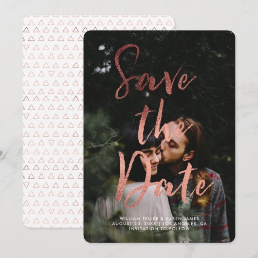 Rose Gold Foil Modernes Skriptüberlagern Save the  Date (Vorne/Hinten)