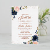 ROSE GOLD FOIL Navy Blush Floral Tiara Sweet 16 Folieneinladung (Stehend vorne)