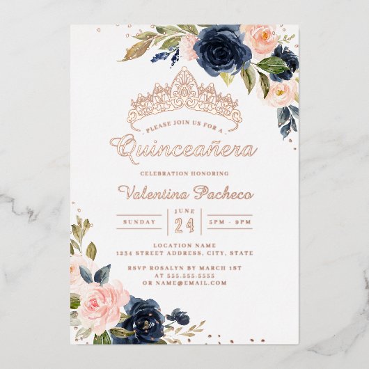 ROSE GOLD FOIL Navy Blush Quinceanera Folieneinladung (Vorderseite)