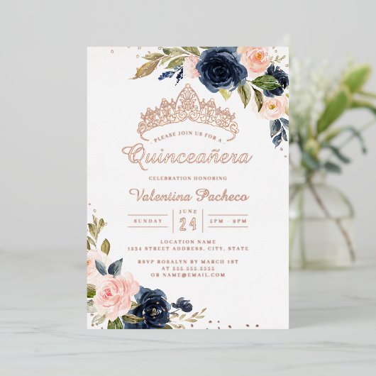ROSE GOLD FOIL Navy Blush Quinceanera Folieneinladung (Stehend vorne)