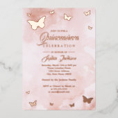 ROSE GOLD FOIL Pink Butterfly Quinceanera Folieneinladung (Vorderseite)