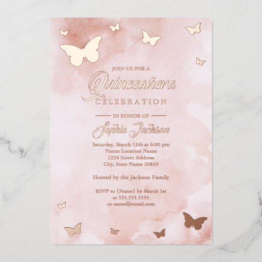 ROSE GOLD FOIL Pink Butterfly Quinceanera Folieneinladung (Vorderseite)