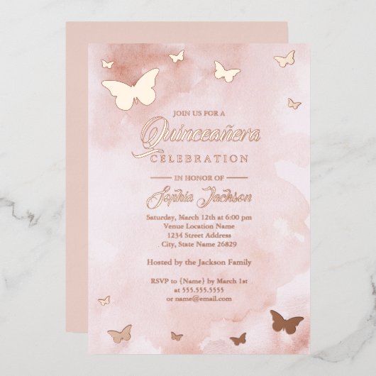 ROSE GOLD FOIL Pink Butterfly Quinceanera Folieneinladung (Vorderseite/Rückseite)