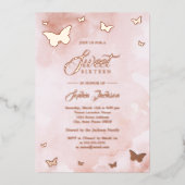 ROSE GOLD FOIL Pink Butterfly Sweet 16 Party Folieneinladung (Vorderseite)