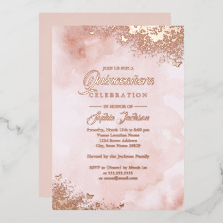 ROSE GOLD FOIL Pink Peach Butterfly Quinceanera Folieneinladung