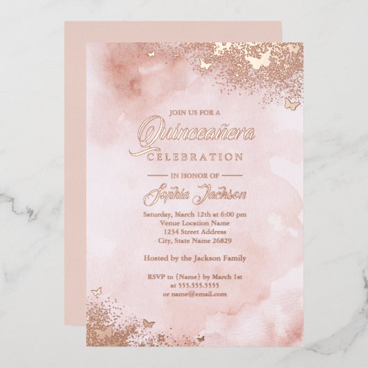 ROSE GOLD FOIL Pink Peach Butterfly Quinceanera Folieneinladung (Vorderseite/Rückseite)