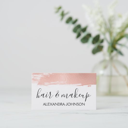 Rose Gold Foil Pinselstrich Schlaghaar und Schmink Visitenkarte (Stehend Vorderseite)