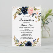 ROSE GOLD FOIL Rosa Navy Floral Quinceanera Folieneinladung (Stehend vorne)