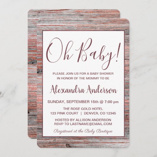 Rose Gold Foil Rustikales Holz - Oh Babydusche Einladung (Vorne/Hinten)
