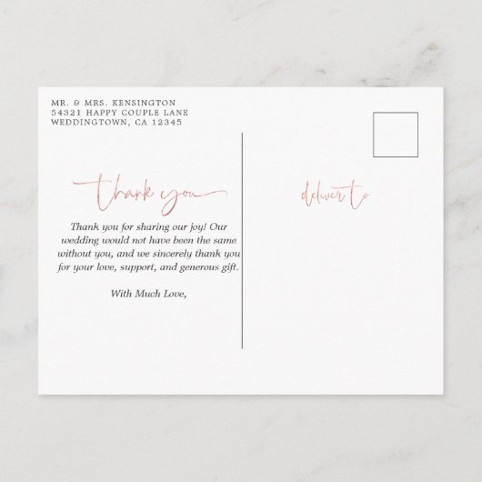 Rose Gold Foil Script Foto Hochzeit Vielen Dank Postkarte (Rückseite)