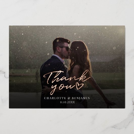 Rose Gold Foil Script Hochzeit Foto Danke Karte (Vorderseite)
