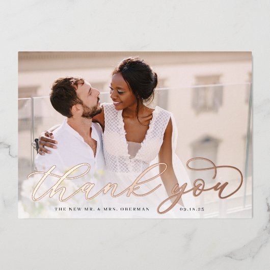 Rose Gold Foil Script Hochzeit Foto Danke Karte (Vorderseite)