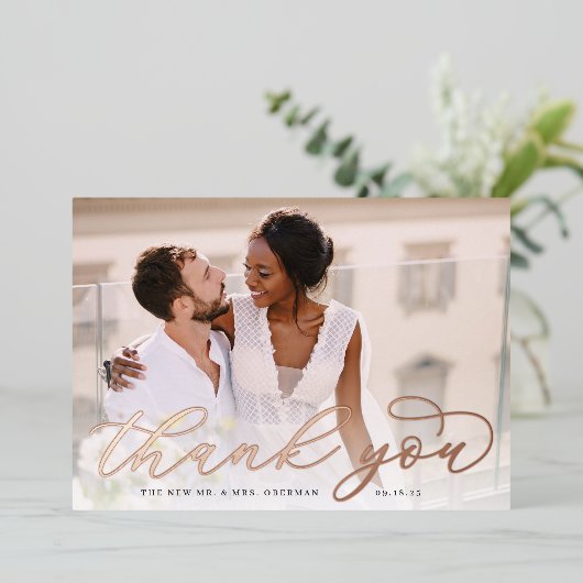 Rose Gold Foil Script Hochzeit Foto Danke Karte (Stehend vorne)