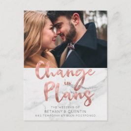Rose Gold Foil Script Marble Wedding Postponement Postkarte