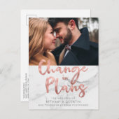 Rose Gold Foil Script Marble Wedding Postponement Postkarte (Vorne/Hinten)